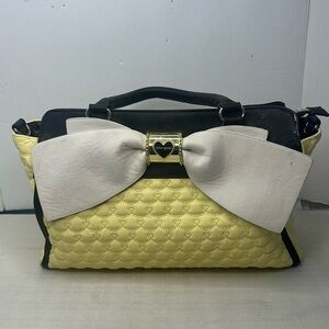 Betsey Johnson sunny yellow embroidered hearts satchel